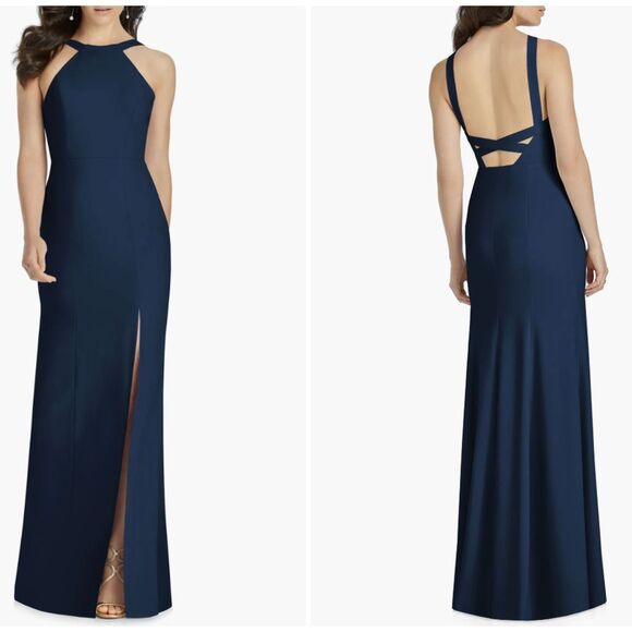 NWT Dessy Collection Dress Cutaway Shoulder Crepe Column Midnight Blue Size 4 - Picture 1 of 10